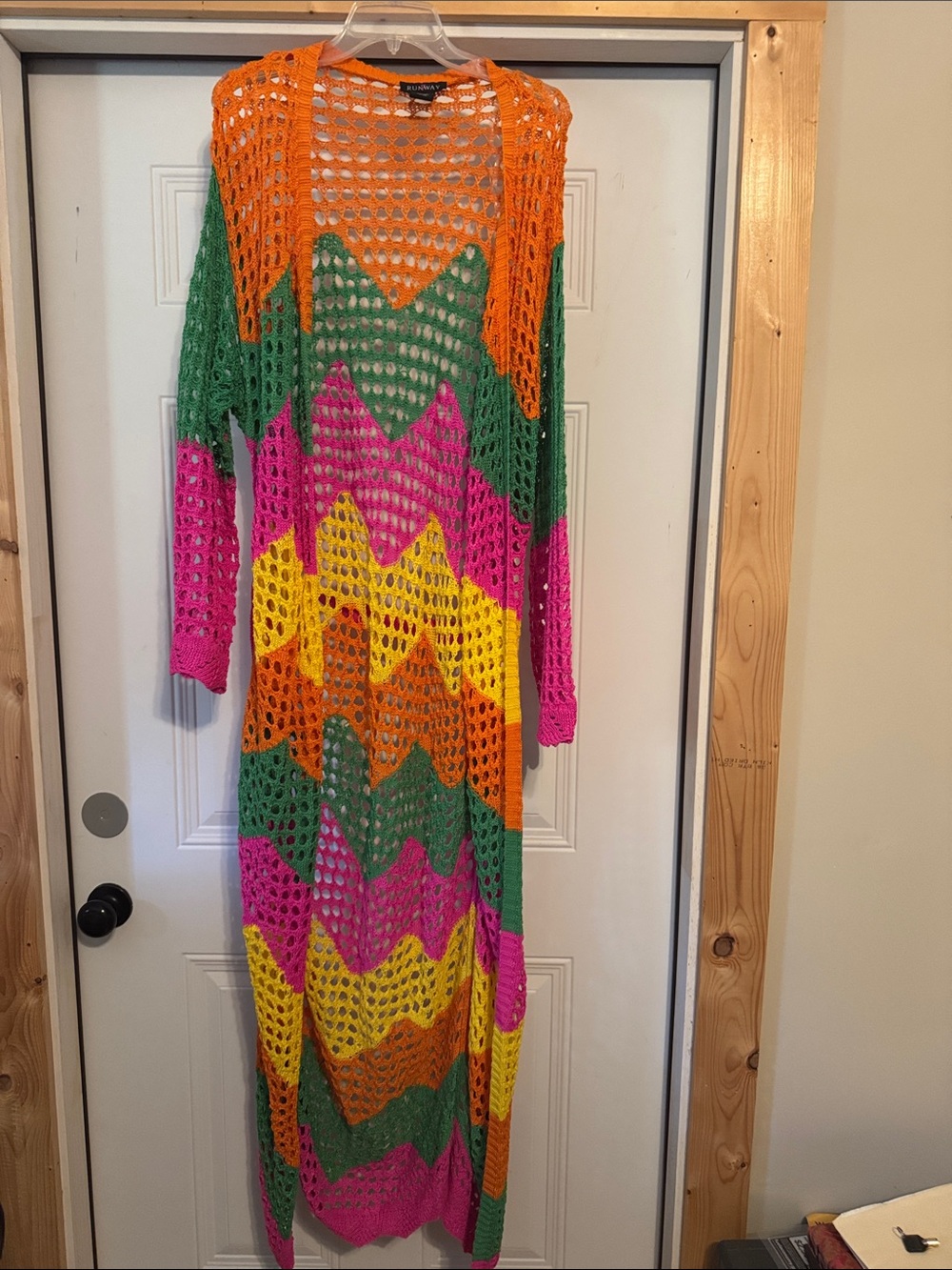 Vibrant Multicolor Chevron Open-Knit Maxi Cardigan
